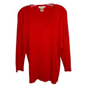 Jillian Nicole Womens Red Cable Knit V-Neck Sweater Size 3X Preppy Minimalist